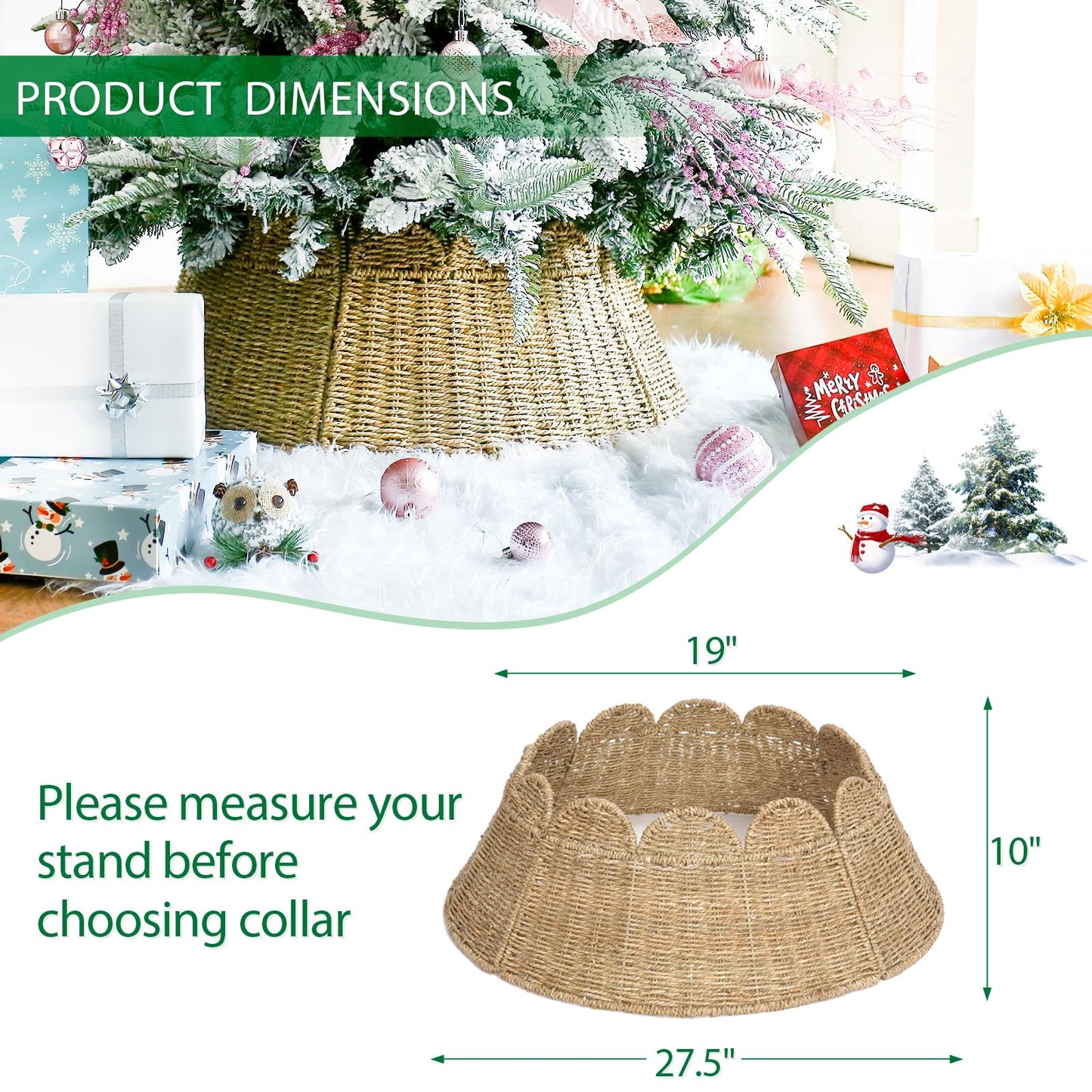 Joyhalo Christmas Tree Collar, 27.5in Wicker Tree Skirt Collar for 7.5 ft Tree, Rustic Handcrafted Woven Tree Collar for Pencil Tree, Xmas Basket Tree Collar, Farmhouse Rattan Tree Base Collar Cover
