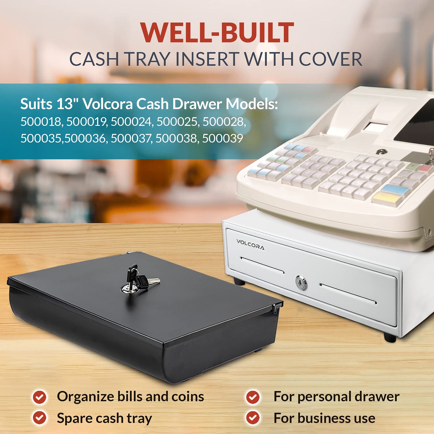 Volcora Cash Drawer Tray with Locking Cover - 11.7 x 10.3 x 2.3 Inch Metal Cash Lock Box with Lid - 4 Bill/5 Coin Money Organizer for Volocara 13" Fully-Removable Cash Drawers - For Business Use
