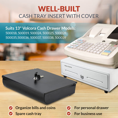 Volcora Cash Drawer Tray with Locking Cover - 11.7 x 10.3 x 2.3 Inch Metal Cash Lock Box with Lid - 4 Bill/5 Coin Money Organizer for Volocara 13" Fully-Removable Cash Drawers - For Business Use