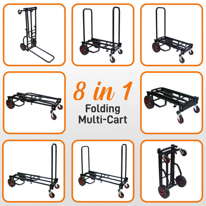 Pyle Compact Folding Adjustable Equipment Dolly - Heavy Duty 8-in-1 Convertible Cart Hand Truck/Dolly/Platform Cart with R-Trac Wheels - Expandable Up to 27.52'' to 44.25'' - 300 LBS MAX LOAD CAPACITY