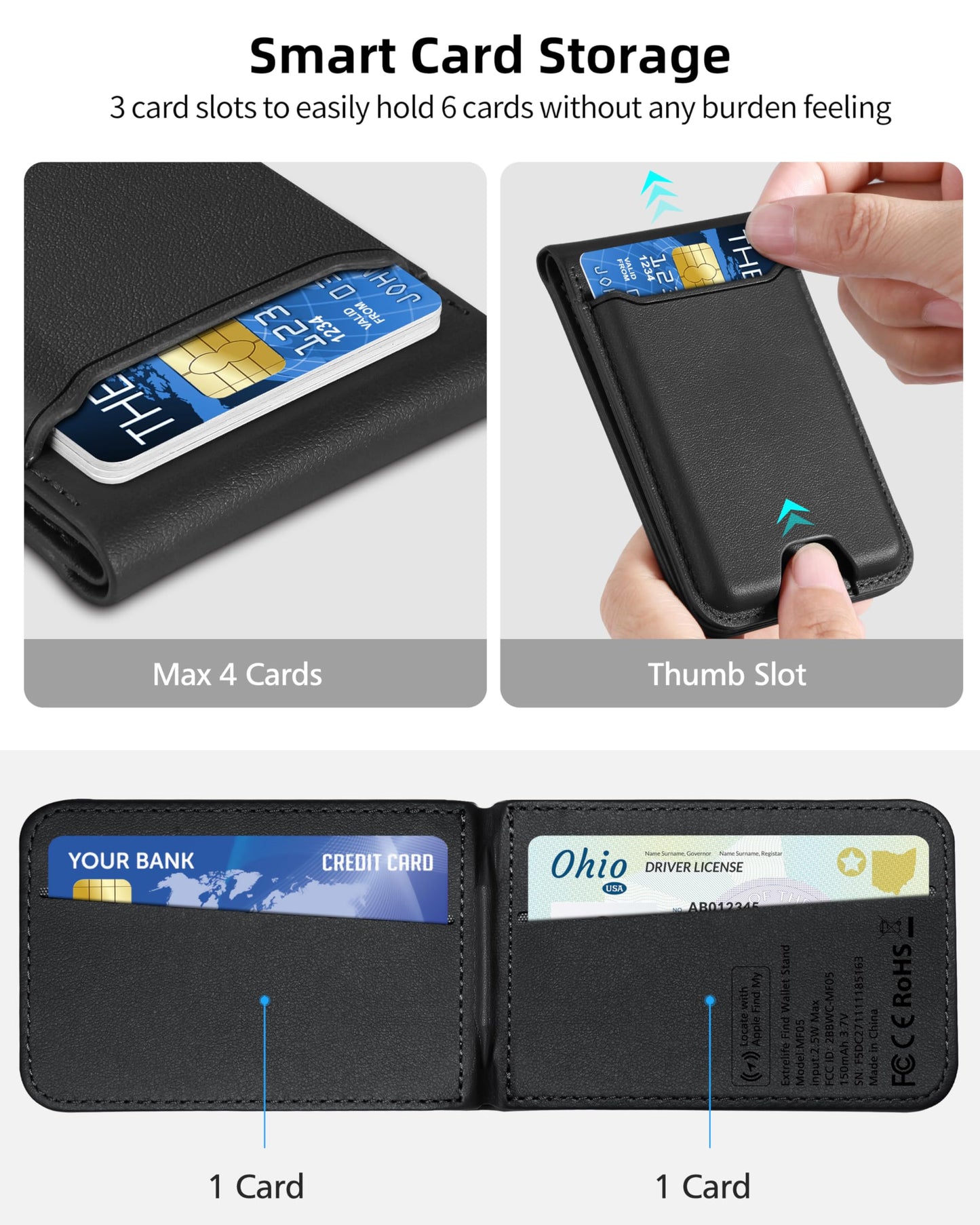 for Magsafe Wallet, Works with Apple Find My, Strongest Magnetic Wallet for iPhone 17/16/15/14/13/12 Series, for iPhone Walle t with Adjustable Stand, 6 Cards Holder, Vegan Leather, Black