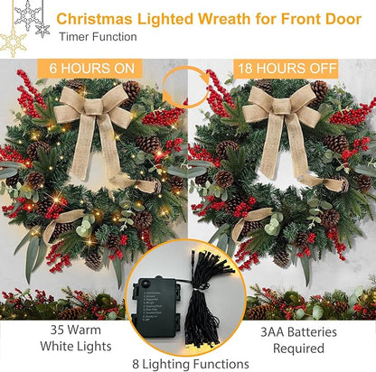 28’’ Pre-Lit Artificial Christmas Wreath, Battery Operated 35 LED Lights with Leaves, Red Berries, Natural Pine Cones, and a Linen Bow for Front Door, Xmas Wreath for Holiday Christmas Decorations