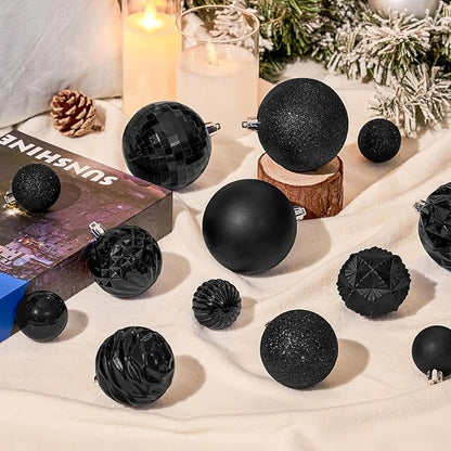 JORNOY Christmas Tree Ornaments Set, 47 Pack Assorted Shatterproof Hanging Balls Decorations, Plastic Bulbs Bulk with Lanyard for Home Holiday Party Decor, 3-Sizes (Pure Black)