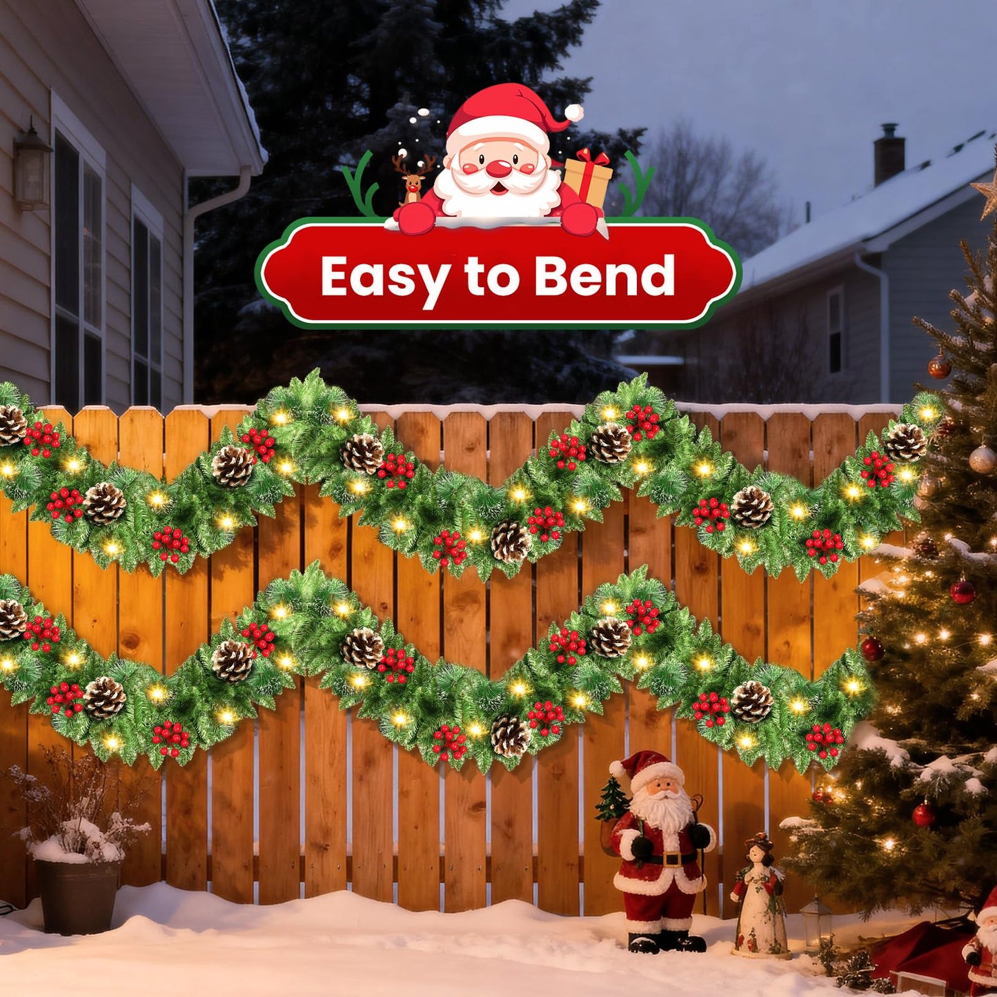 Christmas Garland, JTSIOV 9ft Artificial Christmas Tree Garland with 9ft Lights, Pine Cones, Red Berries, Branch Tips, Waterproof Christmas Decoration for Stairs, Fireplace, Door, Xmas Trees, Garden