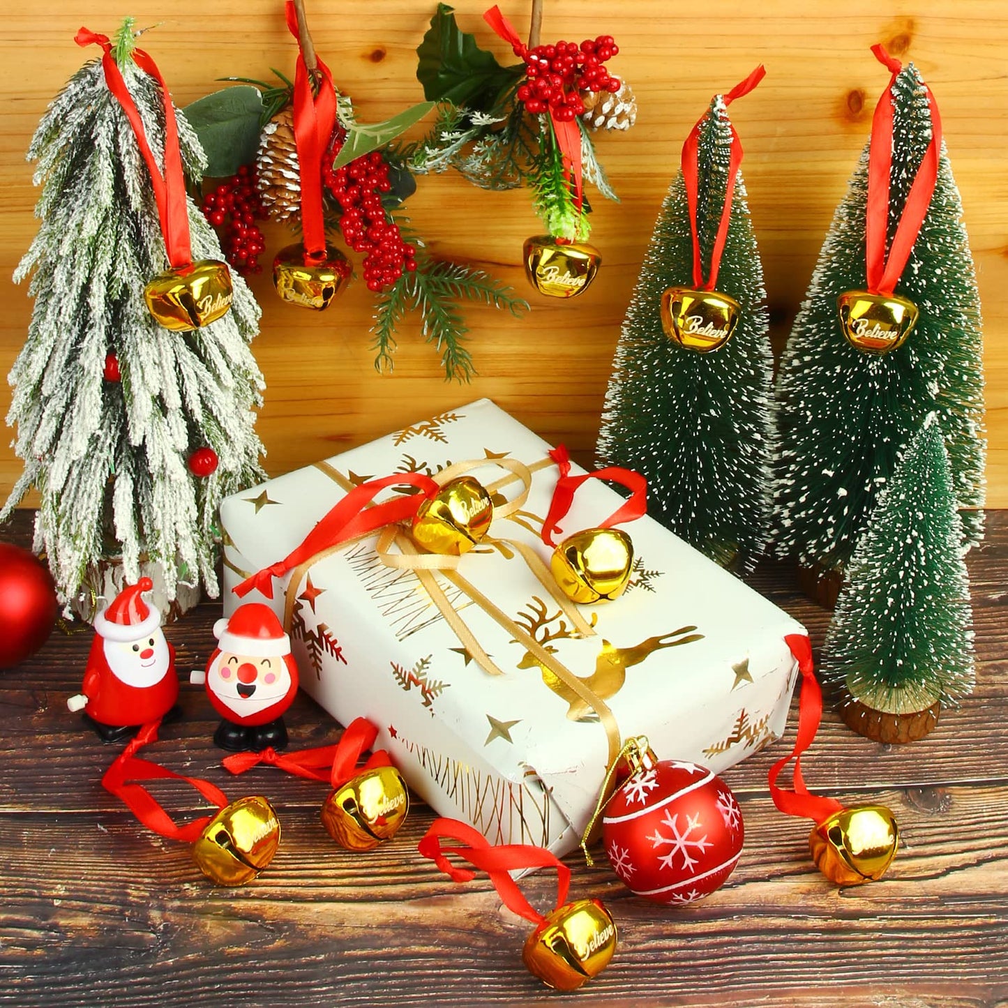 FOIMAS 30pcs 1.6 Inch Believe Bell Ornament Metal Christmas Sleigh Bells with Red Ribbon for Christmas Tree Holiday Decoration,Gold