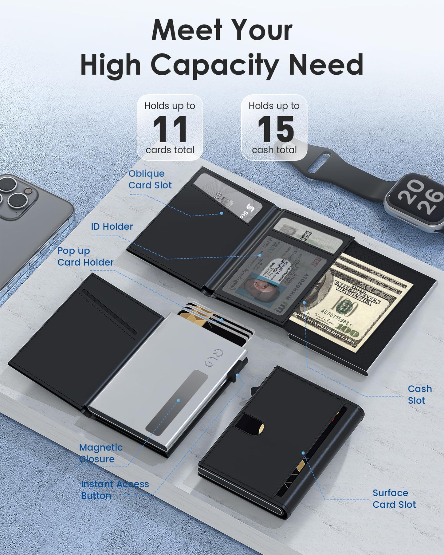 QLD Mens Wallet Card Holder - RFID Blocking Wallet for Men, Pop Up Aluminum Case, Trifold, Leather, Smart, Slim, Minimalist, Front Pocket - 9-11 Card Capacity | ID Window | Cash Slot