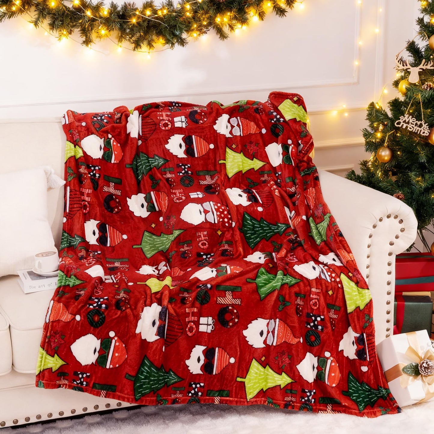 Christmas Throw Blanket, Santa Claus Christmas Tree Printed Fleece Blanket, Soft, Plush, Warm Winter Cabin Bed Throw, 50x60