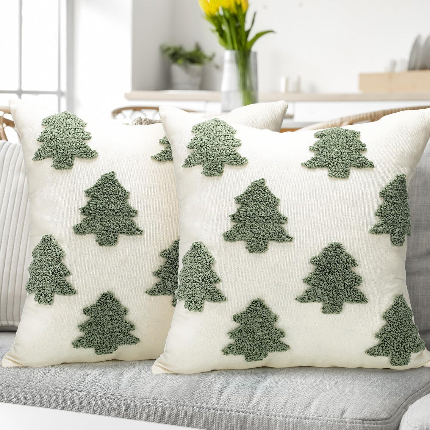 Mixweer 2 Pcs Christmas Pillow Covers 18x18 Inch Neutral Christmas Tree Embroidery Throw Pillow Covers Decorative Throw Cushion Case for Xmas Winter Holiday Decoration (White)