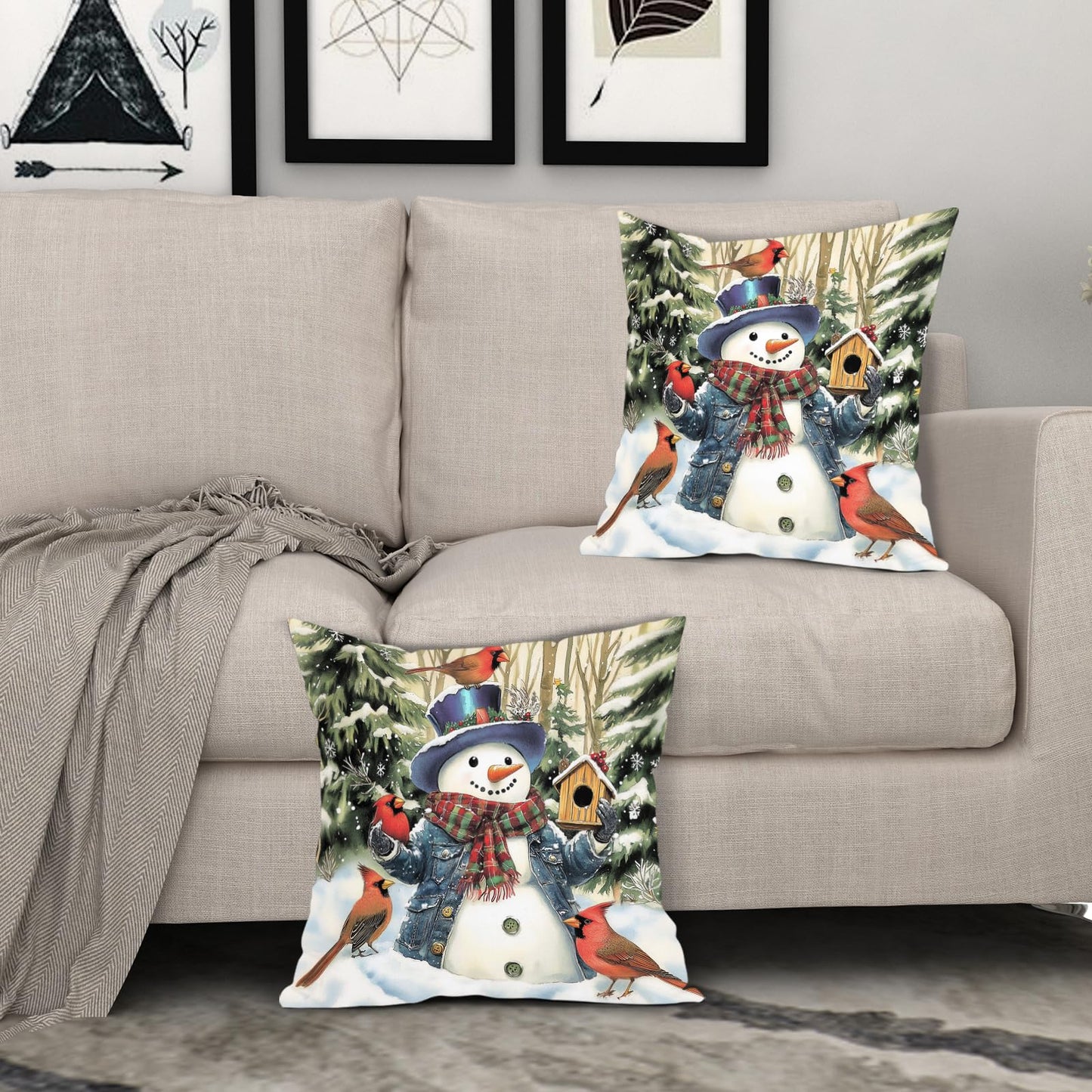 Barneova Christmas Pillow Covers 24x24 Inch Snowman Snowflake Decorative Outdoor Throw Pillow Covers Winter Pillow Cases Cotton Linen Cushion Covers for Couch Sofa Bed Home Winter Decor (Pack of 2)