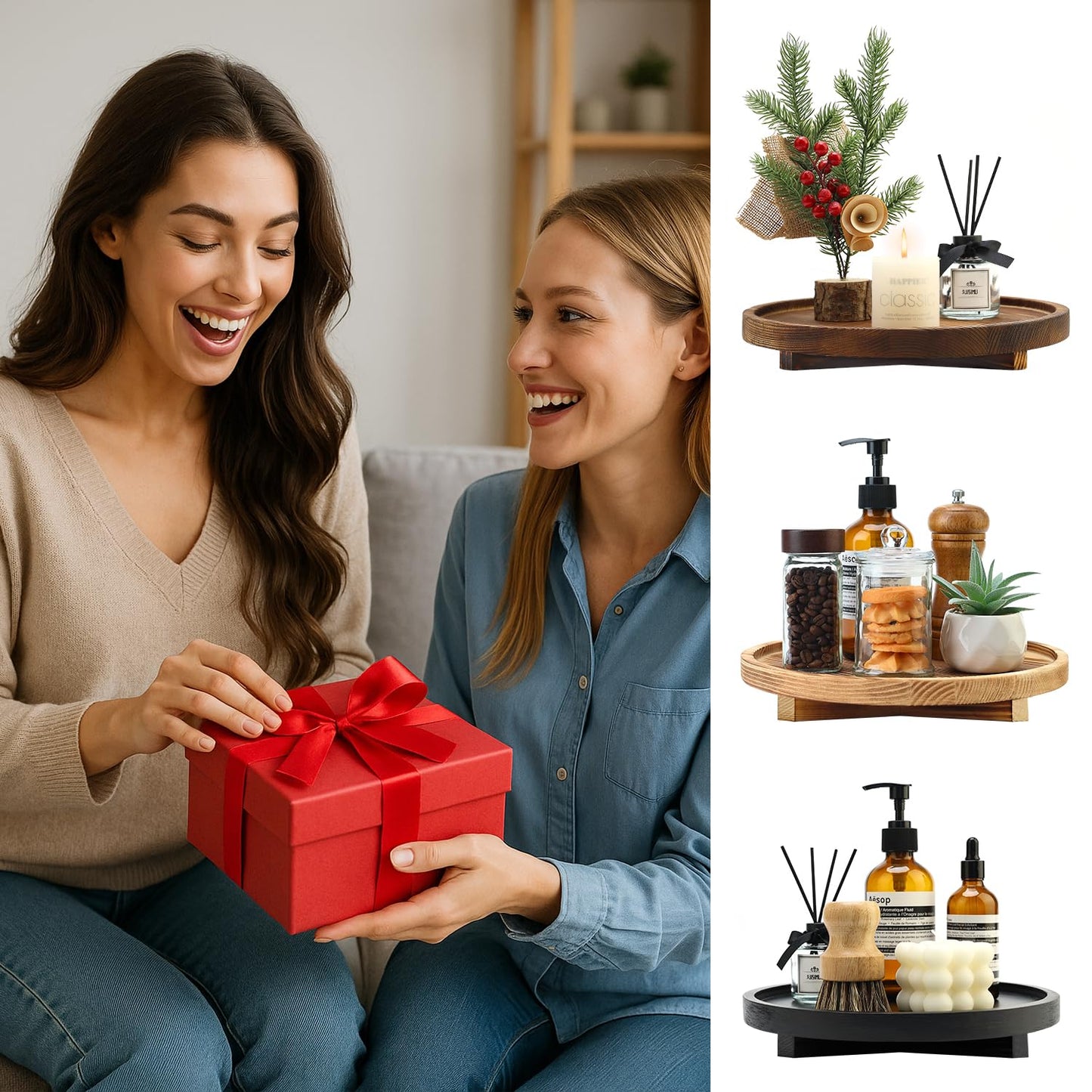 Black Decorative Wooden Tray for Kitchen Counter Bathroom Accessories Sink Vanity Trays Wood Riser Candle Pedestal Stand for Perfume Soap Trays Round Dining Coffee Table Small Rustic Home Decor Tray