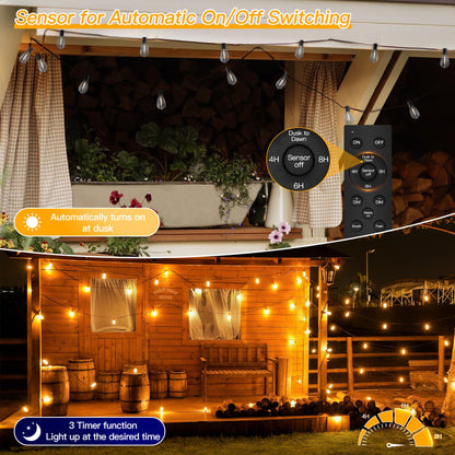 Ollny S11 100FT Outdoor String Lights with Remote, Plug in Waterproof Connectable 3 Modes Dimmable Timers Patio Lights with 48+2 LED Spare Bulbs, Dusk to Dawn Outdoor Light for Outside Bistro Yard