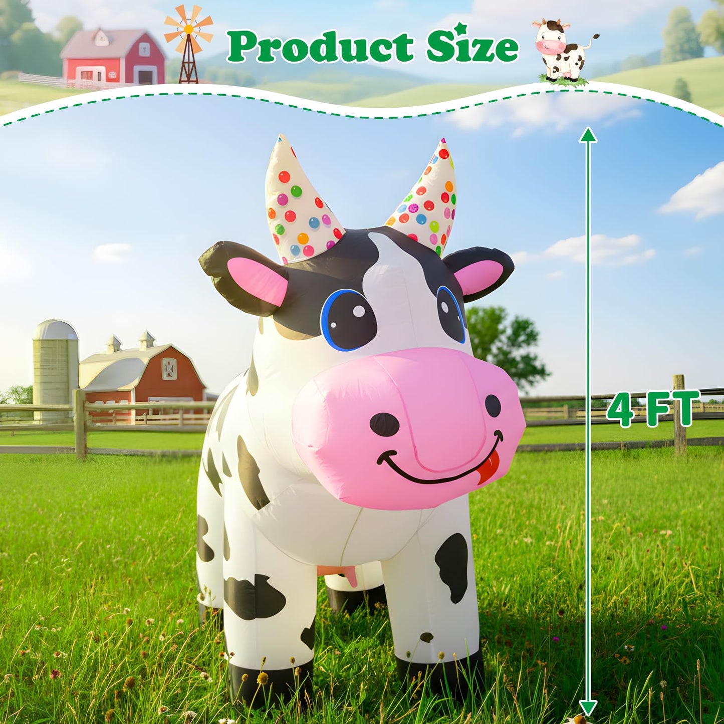 4FT Christmas Spring Farm Ranch Inflatable Cute Farm Cow Blow up Decoration with LED Light Outdoor Indoor Yard Graden Lawn Party Holiday Decor