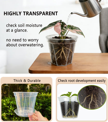 12-Pack Thick Clear Nursery Pots with Saucers (4/5/5.5/6.3 Inch) – Transparent Plastic Plant Pots with Drainage Holes & 12 Labels, Assorted Sizes for Seed Starting, Succulents, Indoor Outdoor Use