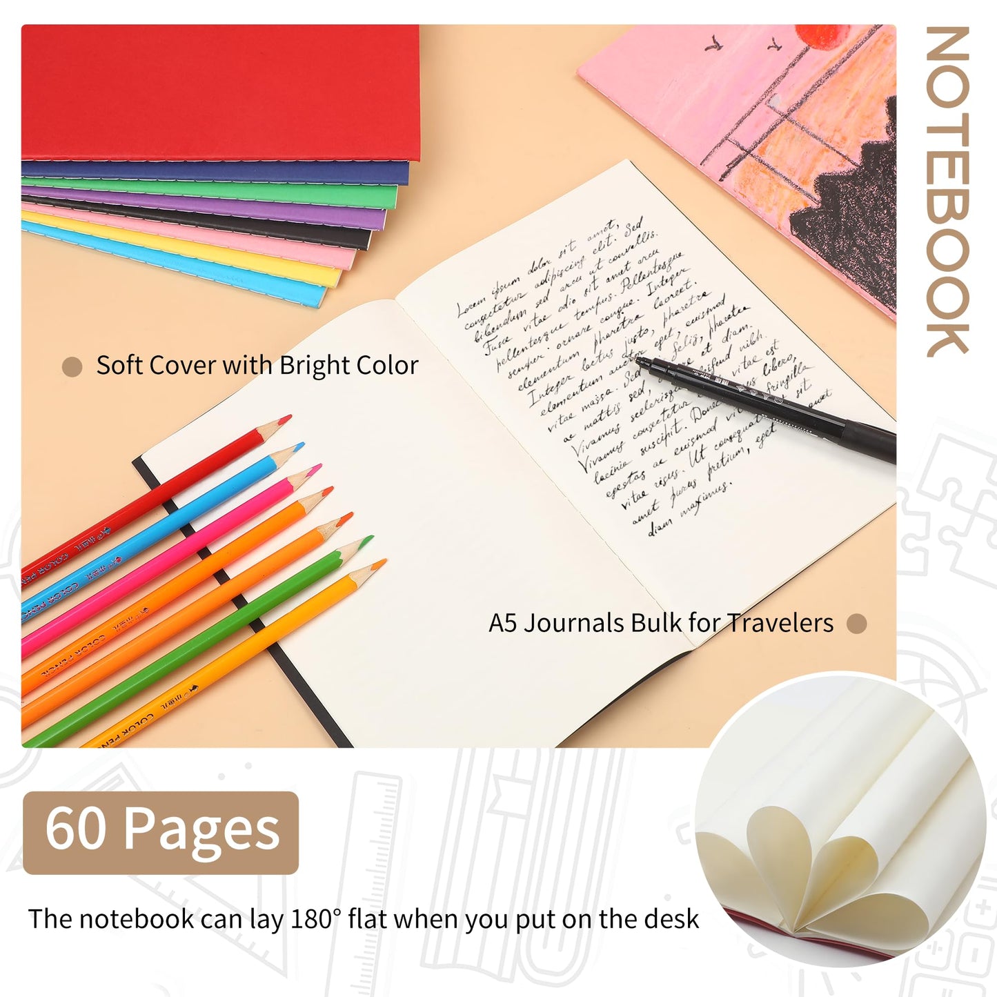 miikoul 24 Pack A5 Blank Journal Notebooks in Bulk, Colorful Soft Cover Unlined Paper for Kids Student Traveler Drawing Writing Take Notes and Plan, 8.3x5.5 Inches, 80 GSM, 60 Pages/30 Sheets
