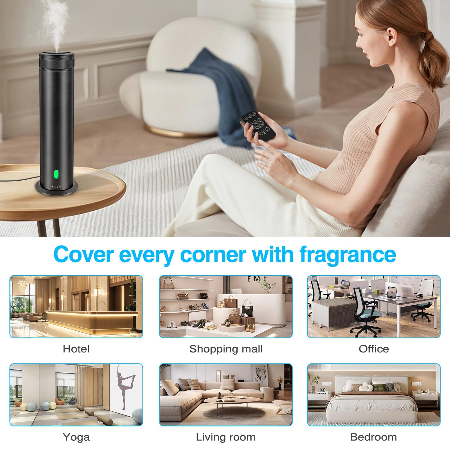 Waterless Scent Diffuser Starter Kit - Suitable for Home and Hotel Series Air Diffuser, 800 Square Inches of Coverage, 5 Kinds of Scented Essential Oils, Remote Control