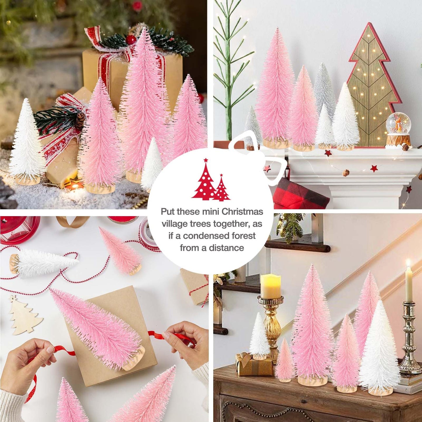 9Pcs Mini Christmas Trees Christmas Decor Artificial Christmas Decorations with 4 Sizes, Christmas Tree Bottle Brush Trees Christmas Table Decorations (Pink Light Pink White)