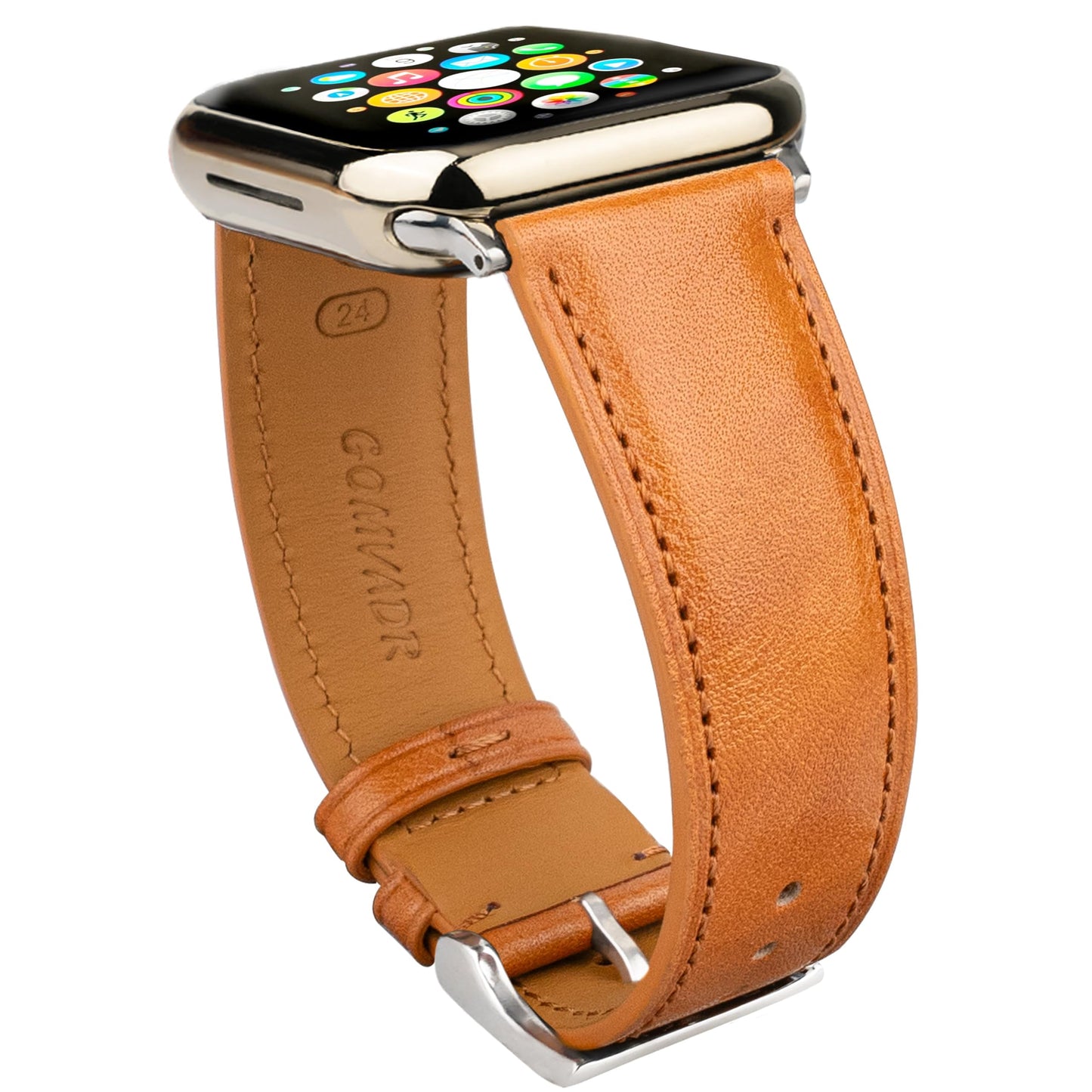 Gomvadr Leather Bands Compatible with Mens Apple Watch Band 42mm 44mm 45mm, Replacement Band Leather Strap for Men's iWatch Series 9 8 7 6 5 4 3 2 1 SE3/2/1 (Yellow/Silver Buckle, 45mm/44mm/42mm)