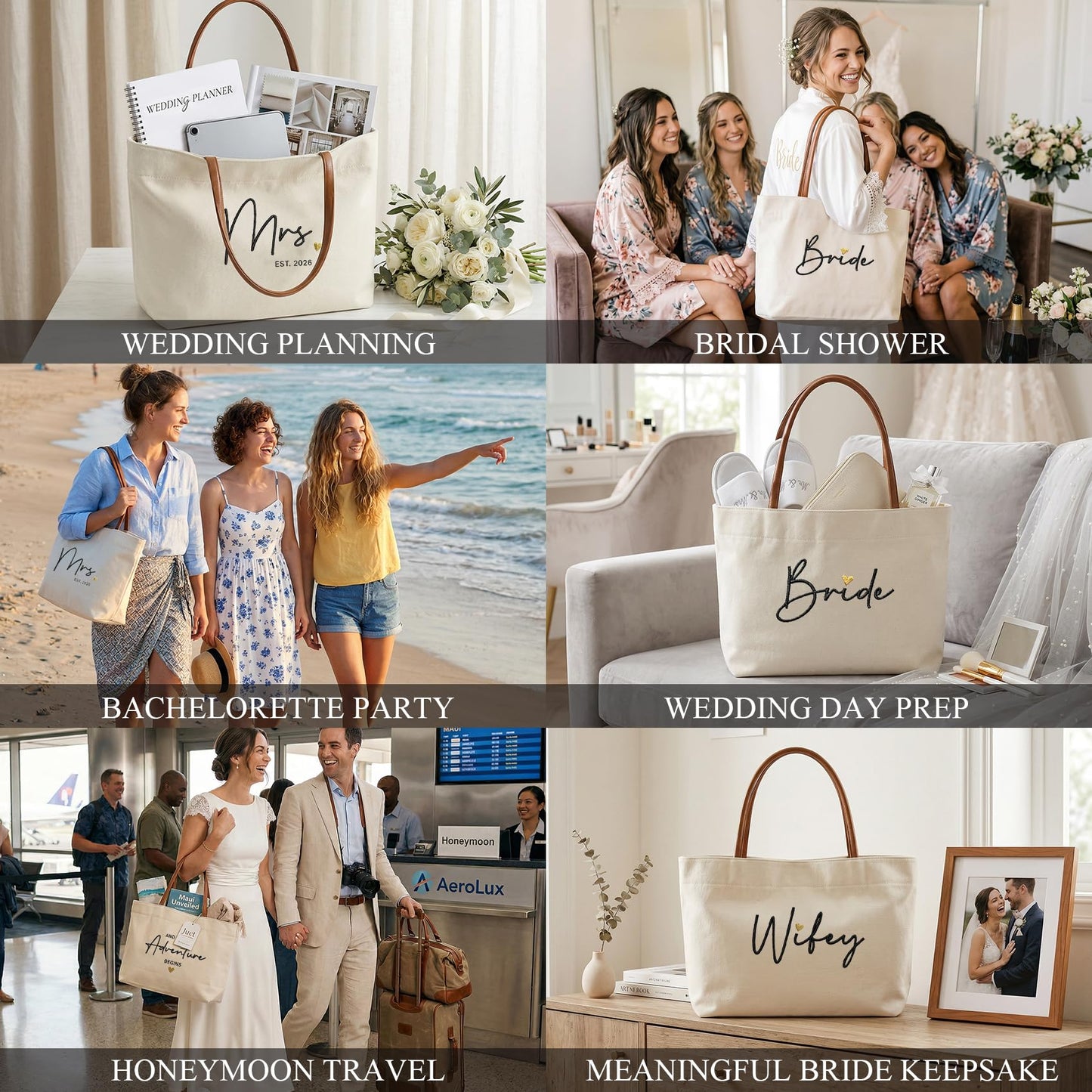Ugiftcorner Bridal Shower Gifts for Bride Tote Bag, Embroidered Canvas Wedding Essential Bag with Leather Handle & Pocket, Bride to be Gifts, Bachelorette Honeymoon Beach Bag