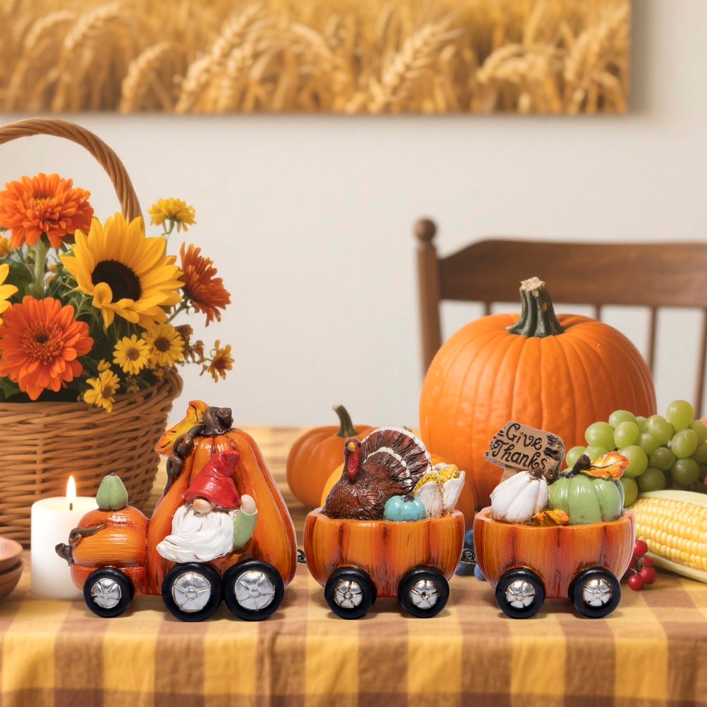 Hodao Thanksgiving Decor Indoor, Fall Resin Pumpkin Train Figurine with Gnome & Turkey, Cute Autumn Harvest Tabletop Decoration for Home, Perfect Fall Gift for Family Friends