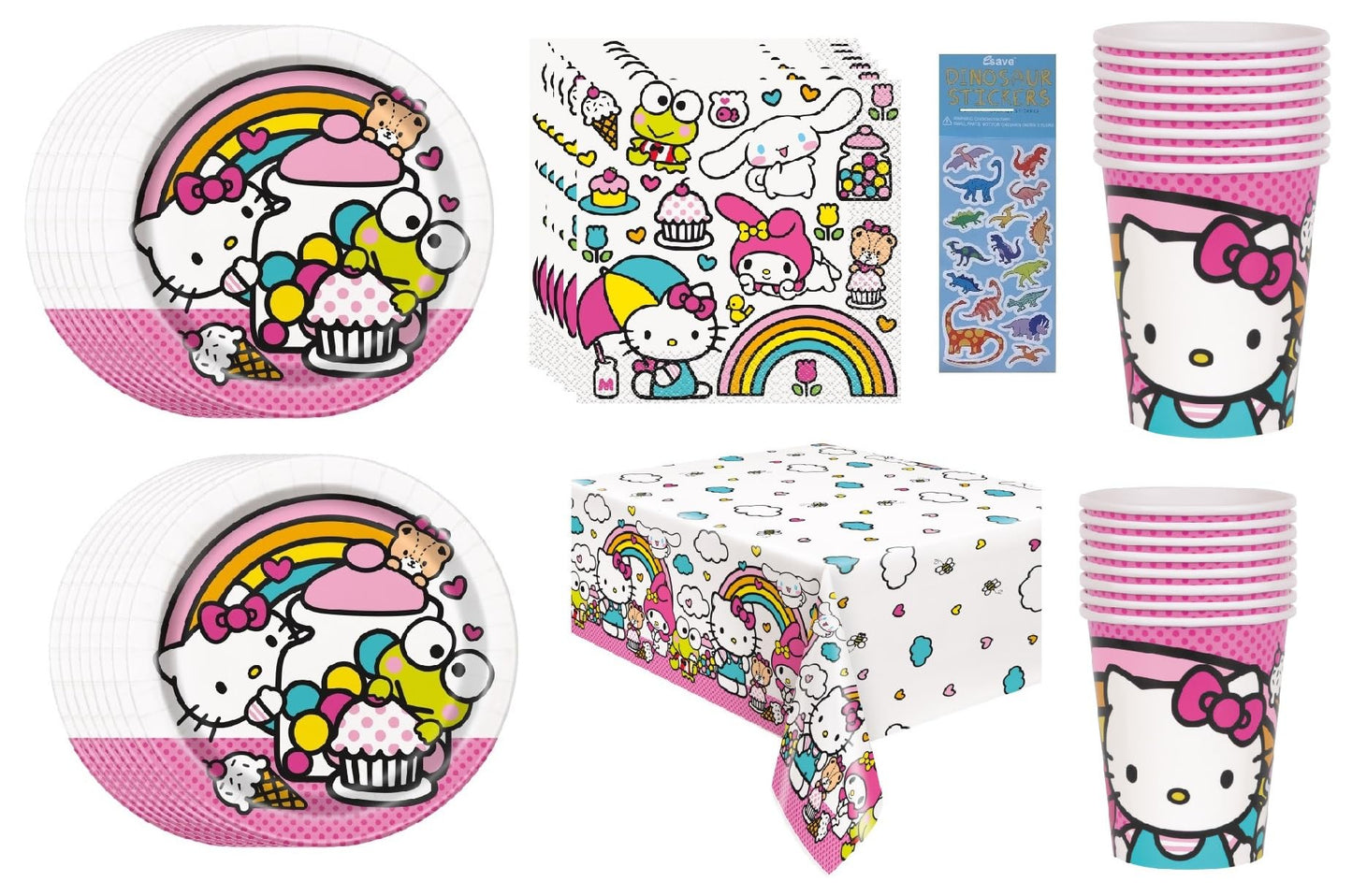 Hello Kitty Birthday Party Supplies Bundle Pack includes 16 Dessert Cake Paper Plates, 16 Paper Napkins 6.5", 16 Paper Cups, 1 Plastic Table Cover, 1 Dinosaur Sticker Sheet