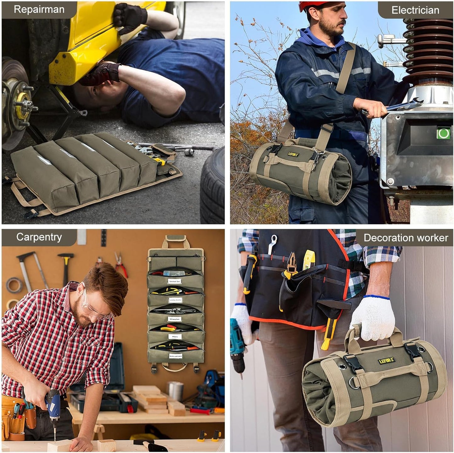 Tool Bag,Large Roll Up Tool Bag Organizer,13 Pockets Tool Roll Storage Pouch,Heavy Duty Portable Tool Storage Carrier Bag for Men,Mechanic,Electrician,Valentines Day Gifts for Men,Olive Green