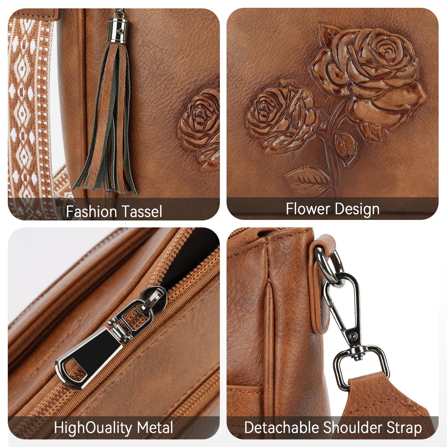 VIMUTI Crossbody Bags for Women Trendy Vegan Leather Hobo Purses for Women Embossed Flower Shoulder Handbags Bucket Bag (02-Brown)