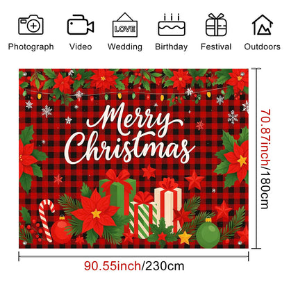 HOMETITUTE Red Black Plaid Merry Christmas Backdrop 8×6ft Holiday Photo Background Buffalo Check Party Decoration Banner with Gifts Poinsettia Greenery and Snowflakes