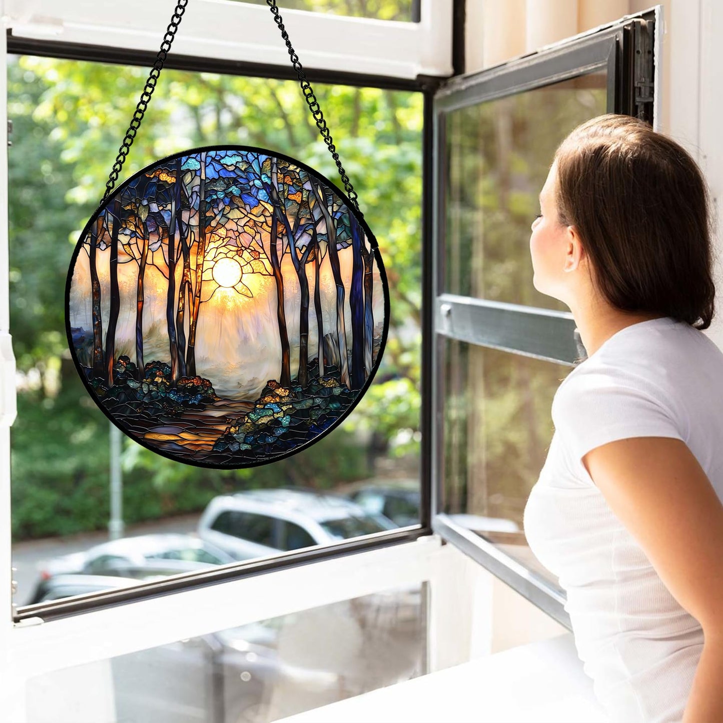 DASTOLL Stained Glass Window Hanging, Forest Sunrise Smoke Blue Brown Tree Suncatcher for Doors Window Home Landscape Sun Catchers Decor Mother's Day Birthday Gifts for Women, Men Mom 7.8 in