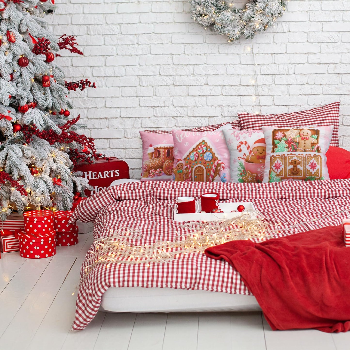 Fanfanwin 6 Pcs Pink Christmas Gingerbread Throw Pillow Covers 18 x 18 Inch Gingerbread House Truck Hot Cocoa Pink Christmas Decorative Pillow Cases for Xmas Sofa Couch Decor(Novel)