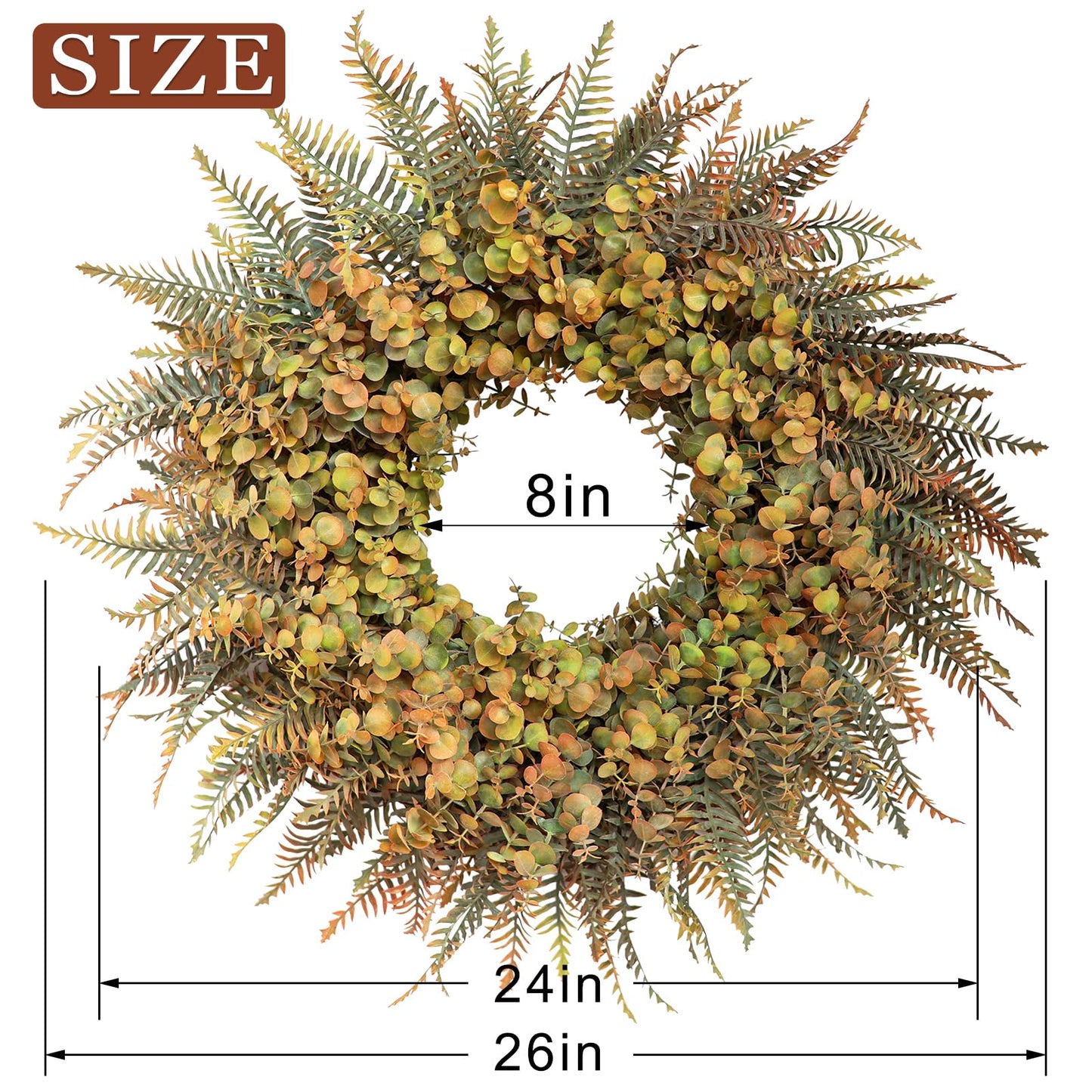 26" Fall Wreath for Front Door - Large Artificial Eucalyptus and Fake Ferns Leaves Outdoor Wreath for Porch, Window,Farmhouse,Home,Thanksgiving Day Harvest Festival Autumn Decor