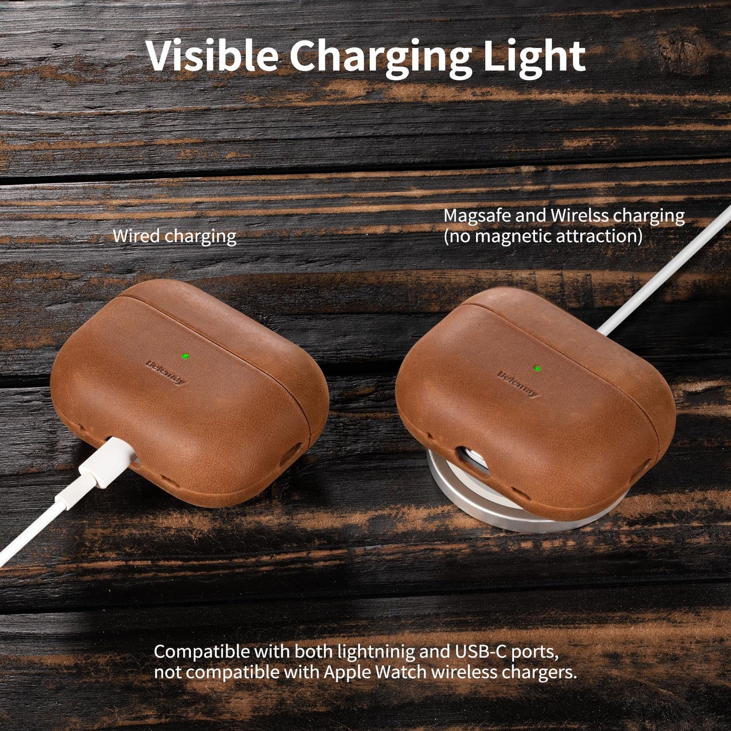 Belemay for AirPods Pro (2nd Generation) Case – Premium Crazy Horse Leather - Rich Patina- Secure Grip - Compatible with MagSafe and Wireless Charging - Compatible with Airpods Pro 2 Case - Tan