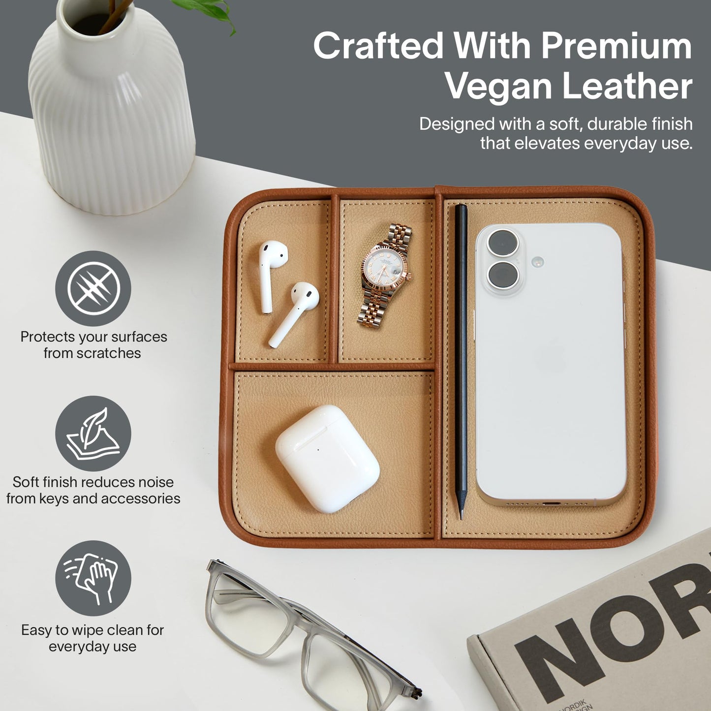 Nordik Leather Valet Tray - Sand Brown - 9.5 x 7.9 Inch Medium Vegan Leather Tray - Stylish Nightstand Organizer for Men - Modern Bedside Caddy - EDC Catchall for Key Watch Wallet Jewellery