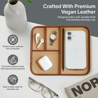 Nordik Leather Valet Tray - Sand Brown - 9.5 x 7.9 Inch Medium Vegan Leather Tray - Stylish Nightstand Organizer for Men - Modern Bedside Caddy - EDC Catchall for Key Watch Wallet Jewellery
