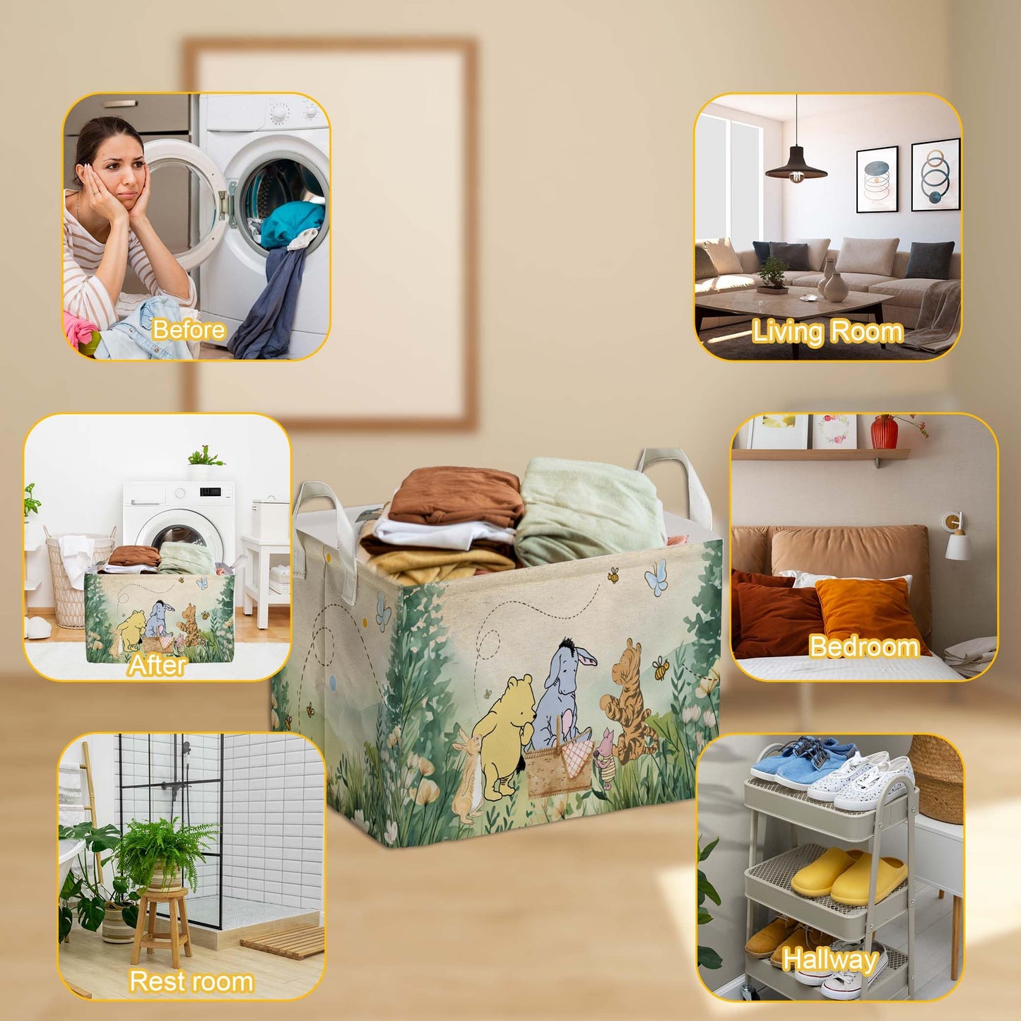 ZsaTuiy Winnie Nursery Decor, the Pooh Baby Stuff, Winnie Storage Nursery Basket, Large squarecanvas Laundry Hamper With A Waterproof PECoating, Foldable, Toys Bin, Baby Nursery HamperDecor, Classic