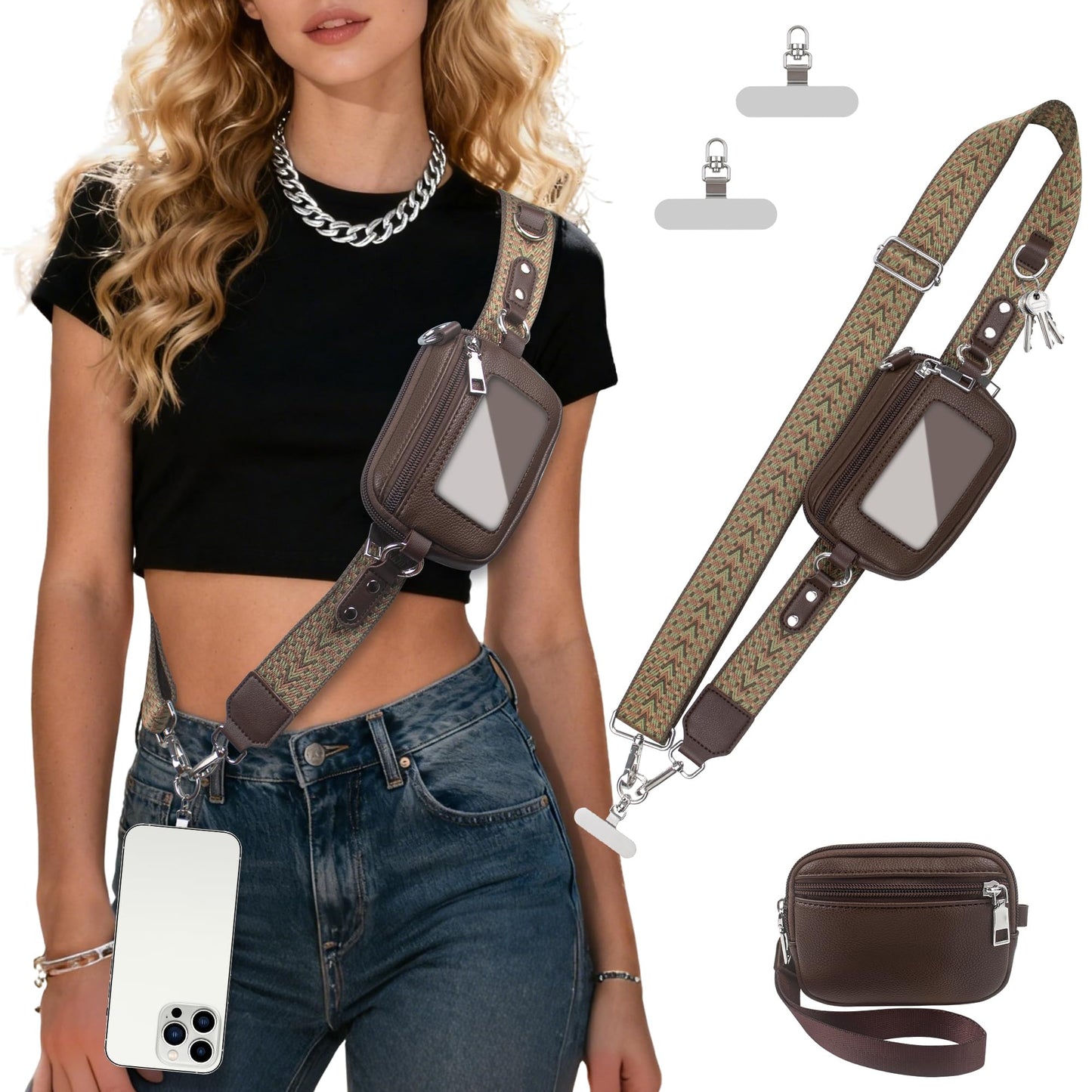 Zencjklixo Clip and Go Strap Cell Phone Pouch Lanyard Crossbody with Wallet Adjustable Leather Purse Strap Anti Theft Pu Wrist for Women Teacher with Id and Passport(Coffee)