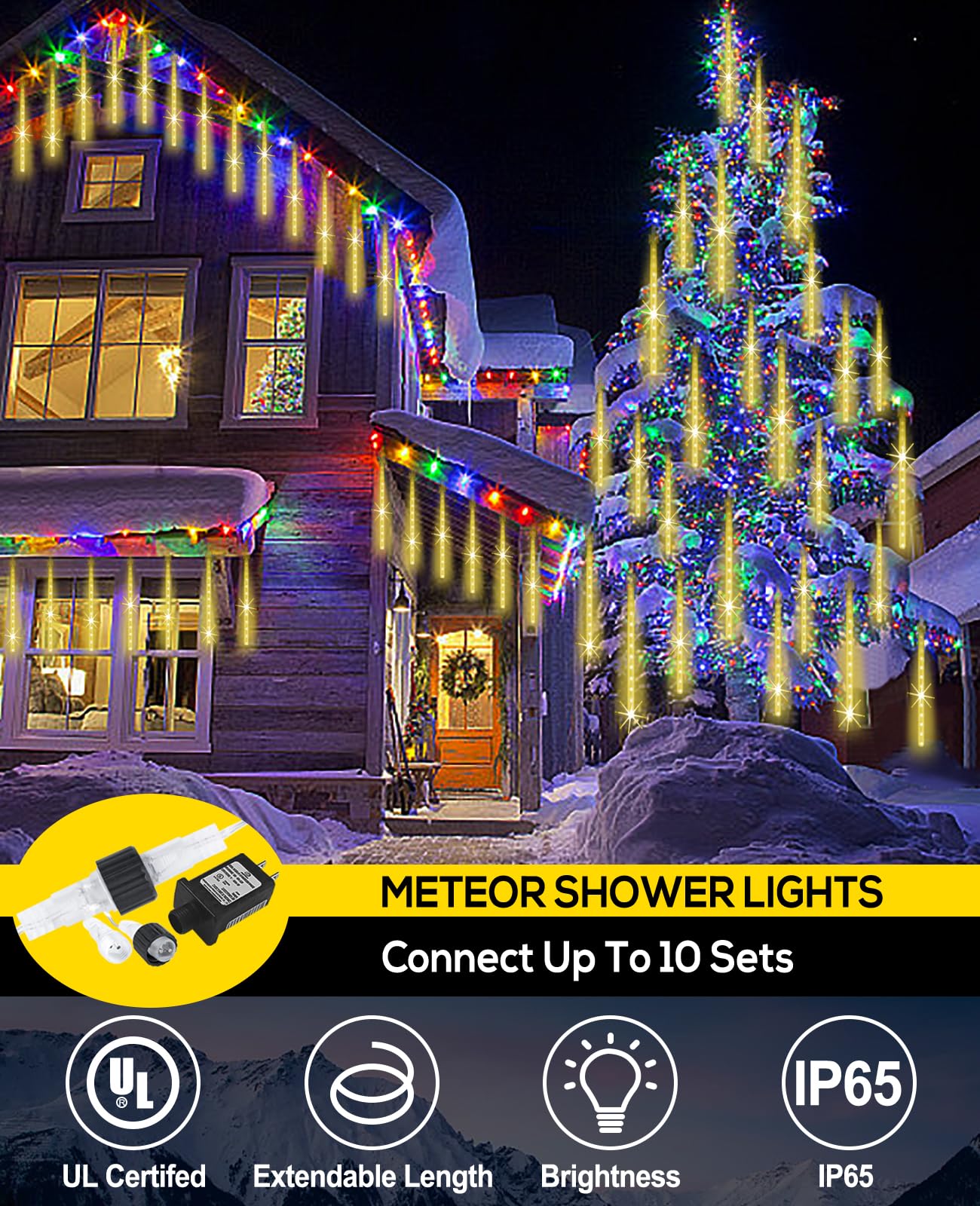 EAGWELL Meteor Shower Lights Outdoor Christmas Lighting Falling Rain Lights 12Inch 10Tubes Rain Drop Light Snowfall Icicle Cascading String Decor for Xmas Holiday Tree Garden Decor,Shine Warm White