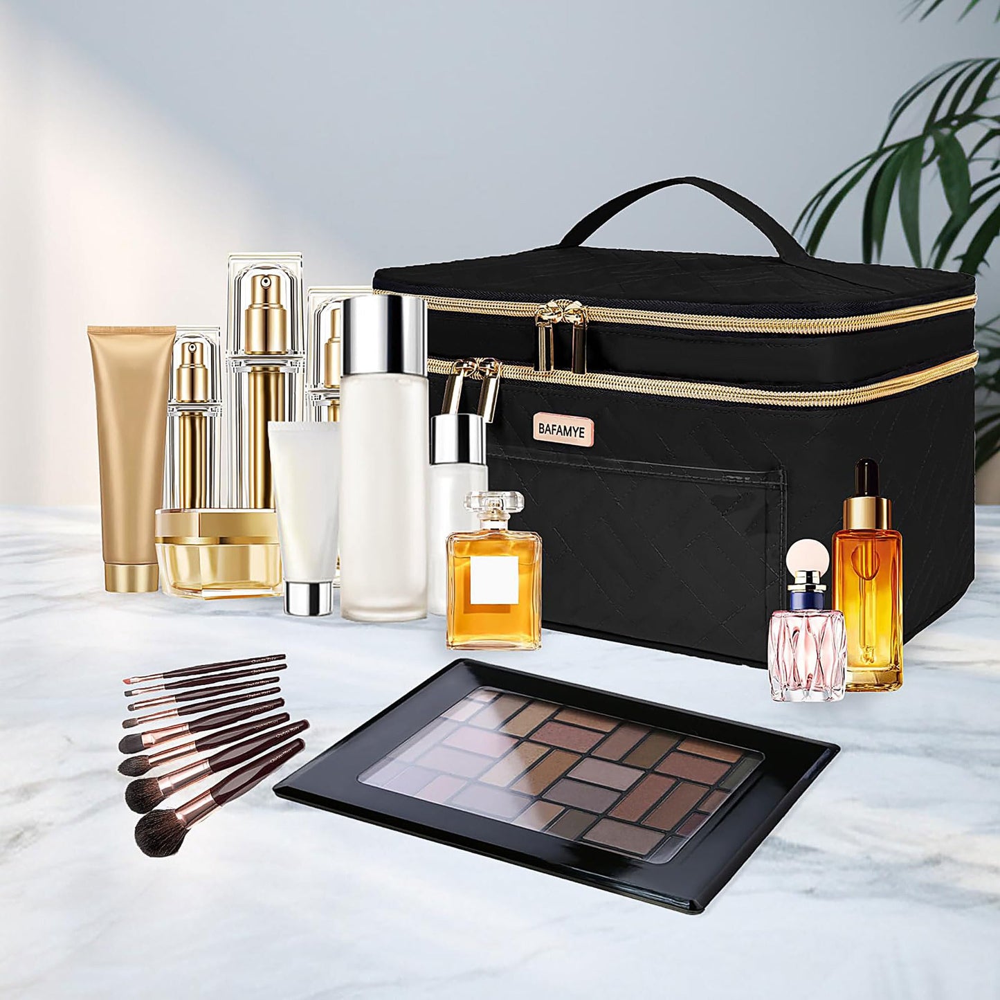 BAFAMYE 8.8L Double Layer Travel Makeup Bag Women, Large Cosmetic Case, Organizer for Travel-Size Accessories Bottles, Brushes, and Skin Care Products, Black 2.33 GAL