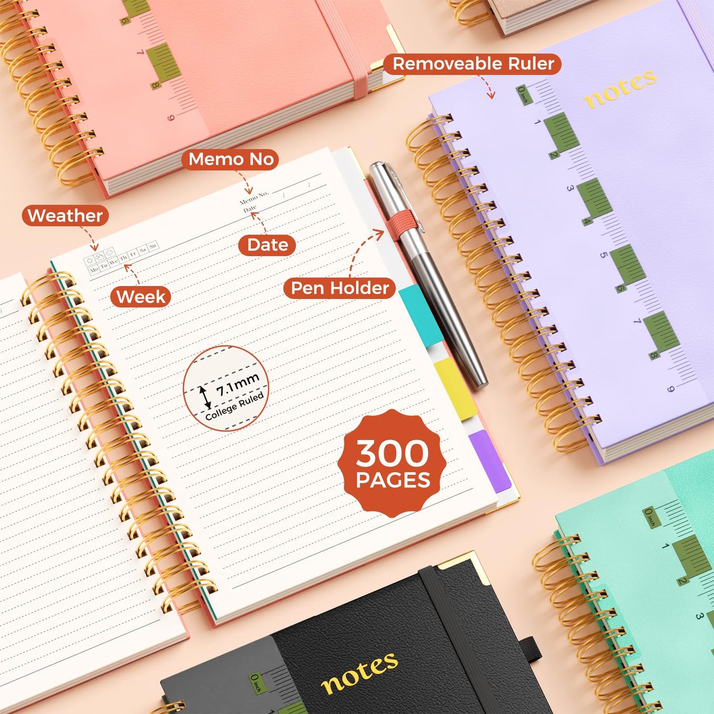 XYark Line Hardcover Spiral Notebook with Removable Dividers Tabs & Ruler, 5 Subject Notebook College Ruled, 300 Page, Large 8"x10" B5 Notebooks for Work School, Lined Journal for Women & Men, Light Purple