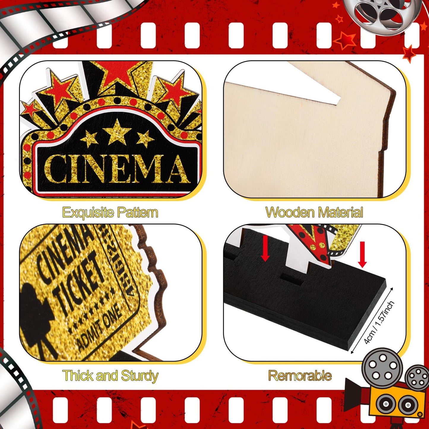 Blosssound 9 Pcs Movie Night Party Decorations Movie Theme Wooden Table Centerpieces Theater Now Showing Table Sign Cinema Popcorn Star Tabletop Decor for Home Film Birthday Party Supplies