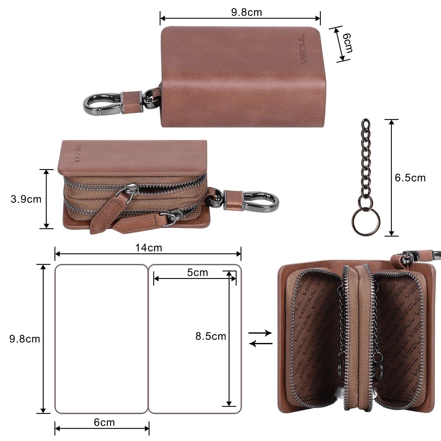 VISOUL Car Key Case Holder Double Zipper, Leather Car Smart Key Fob Case with Keychain for Men and Women-Brown