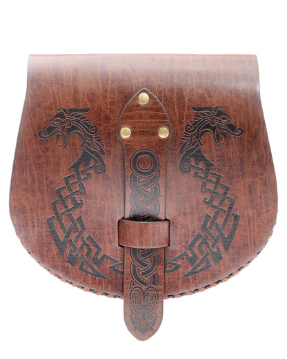 CoTeeZa Medieval Faux Leather Belt Pouch - Adjustable Brown Viking Dragon Ship Embossed Waist Bag for LARP Renaissance Halloween Cosplay Festival Costume Accessories for Men Women