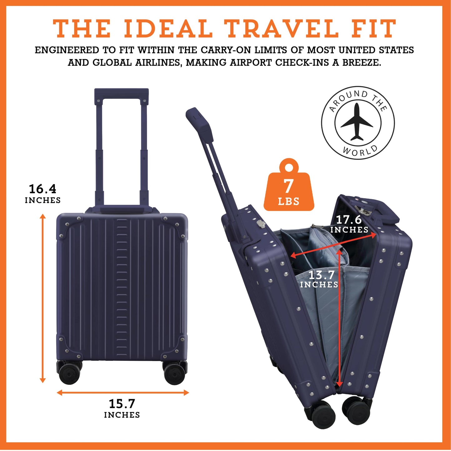 Aleon 16" Aluminum Vertical Underseat Carry-on Luggage - Luxury Business Briefcase with Wheels - Hardshell Suitcase for Airplane Travel - Sapphire