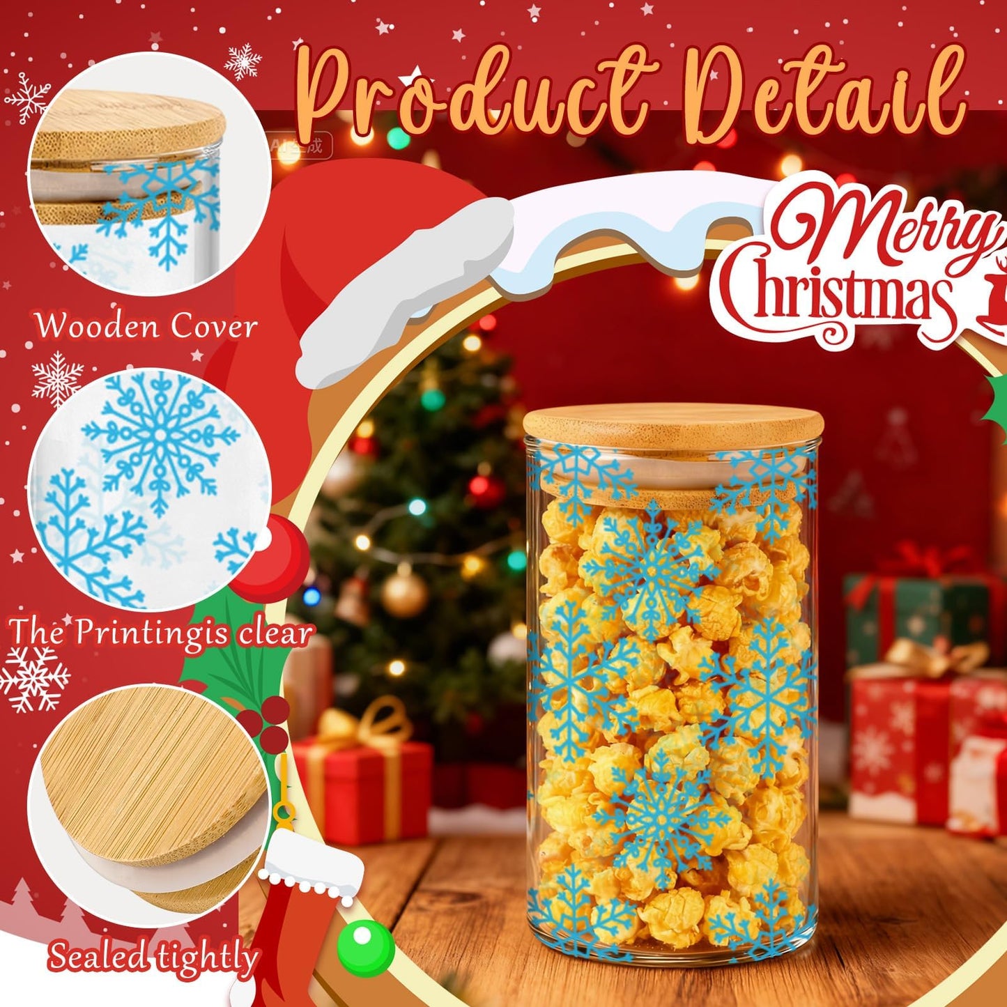 Cumule 3 Pcs Christmas Glass Storage Jars With Airtight Bamboo Lid Candy Cane Gingerbread Man Snowflake Glass Food Storage Jars with Wood Lid for Xmas Home Kitchen Containers Decoration