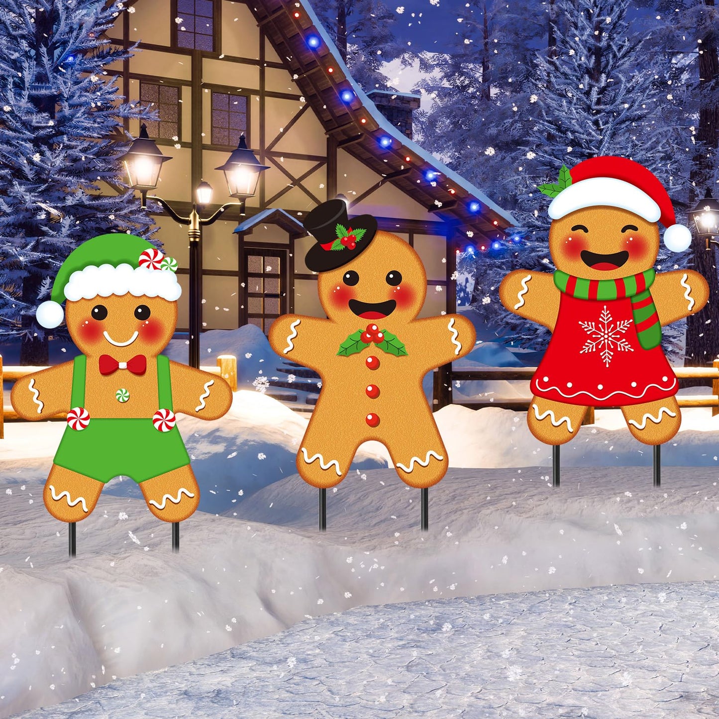 Drydiet 3 Pack Metal Christmas Yard Signs Decor Xmas Yard Stakes Outdoor with Stakes for Holiday Outdoor Garden Lawn Pathway Decoration(Gingerbread Man)