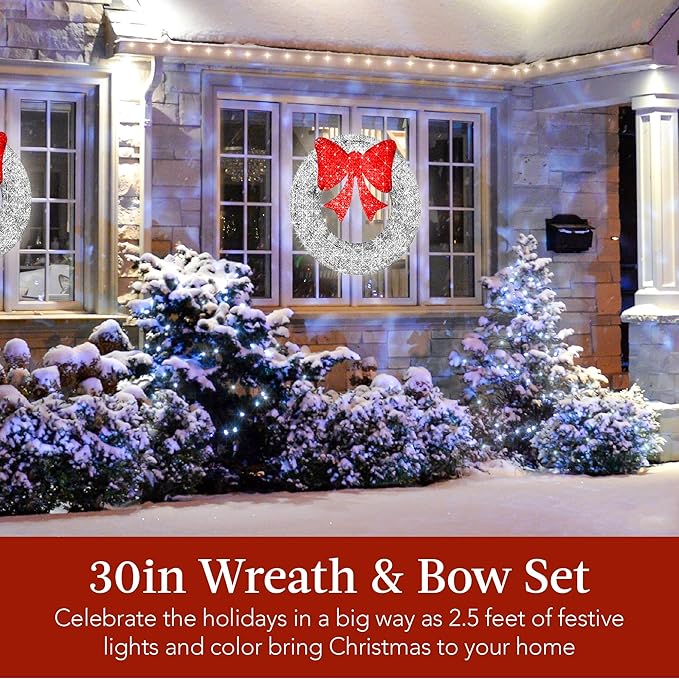 Best Choice Products 30in Pre-Lit Outdoor Christmas Wreath Decoration, LED Metal Holiday Decor for Home w/ 100 Lights, Bow - Silver/Red