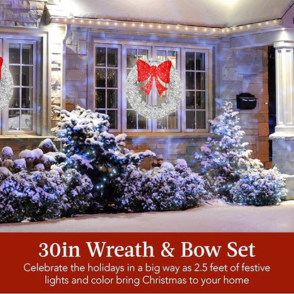 Best Choice Products 30in Pre-Lit Outdoor Christmas Wreath Decoration, LED Metal Holiday Decor for Home w/ 100 Lights, Bow - Silver/Red