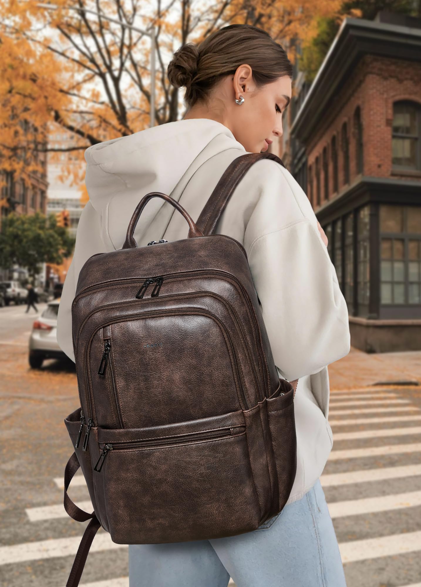 Shrrie Leather 17 inch Laptop Backpack for Women, Large Travel Backpack Purse for Casual Daypack College Work Bag