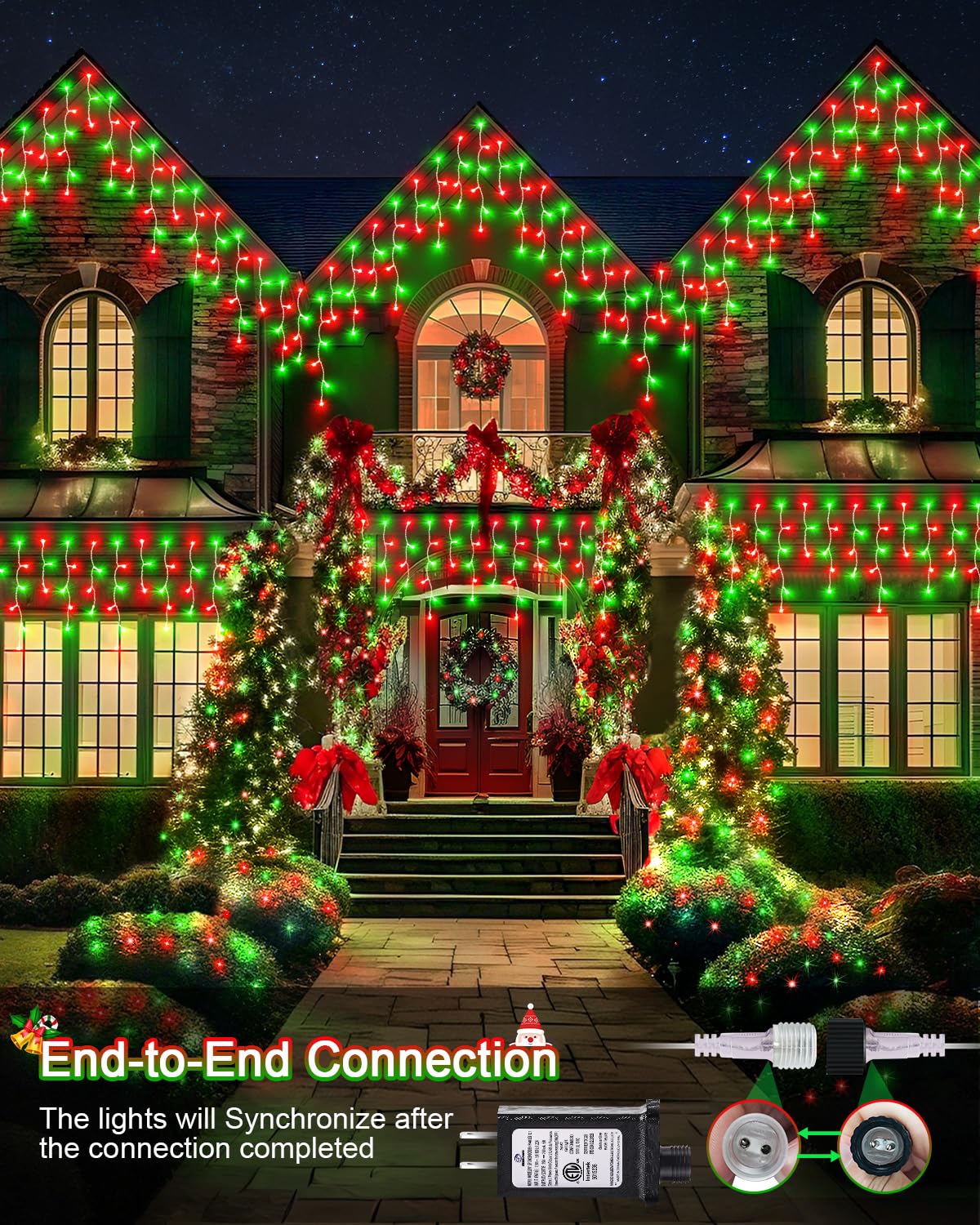 JIXXULVU Christmas Lights Outdoor Red Green, 53 FT 486 LED Christmas Lights for Outside, Timer & Memory, Plug in 8 Modes Hanging Fairy Light with 108 Drops for House Eaves Yard Patio Decorations
