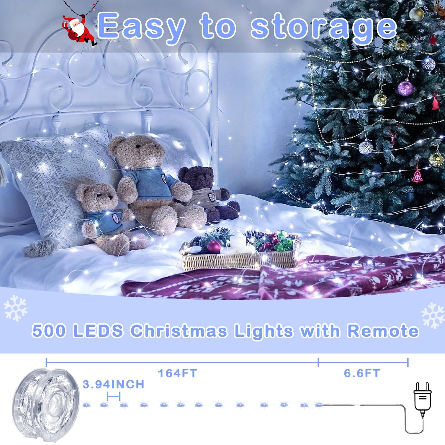 Decute 500LED 164ft Fairy String Lights Cool White Christmas Light Silver Wire with Remote, Firefly Lights Starry Light for DIY Christmas Tree Costume Wedding Party Table Centerpiece Decor