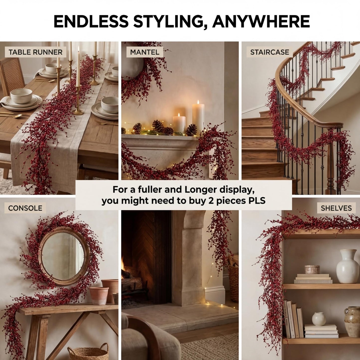 Quixem 60 Inch (5FT) Rustic Red Pip Berry Garland for Fireplace Mantel & Table Runner, Flexible Wired Artificial Vine, Christmas & Americana Farmhouse Décor Everyday Décor